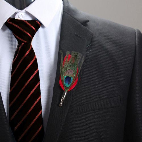 Feather Boutonnière Buttonhole - Peacock and Red Feather