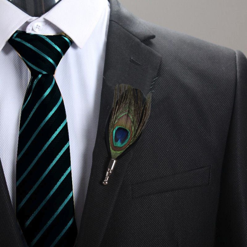 Feather Boutonnière Buttonhole - Peacock and Black Feather