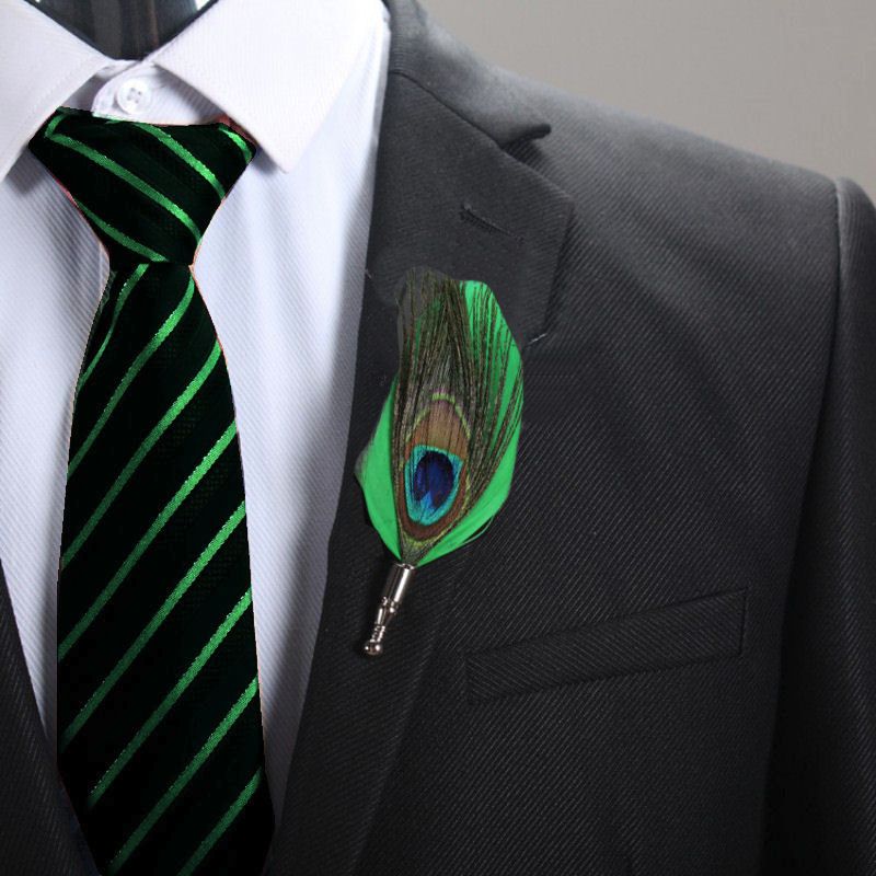 Feather Boutonnière Buttonhole - Peacock and Green Feather