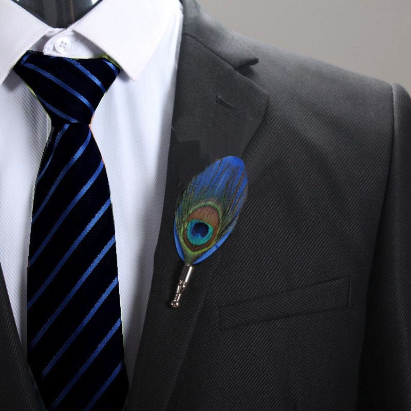 Feather Boutonnière Buttonhole - Peacock and Blue Feather