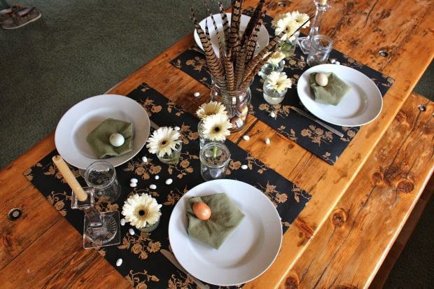 Pheasant feather table centerpiece