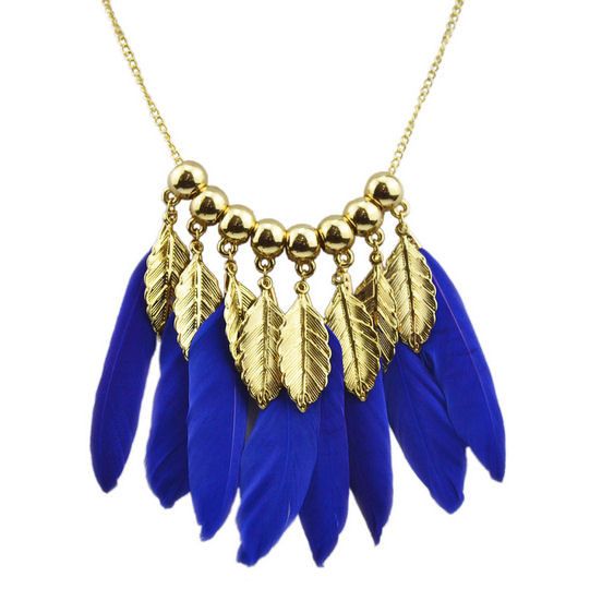 Royal Blue and Gold Feather Necklace