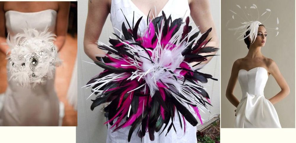 Wedding bouquet with black white and pink feathers