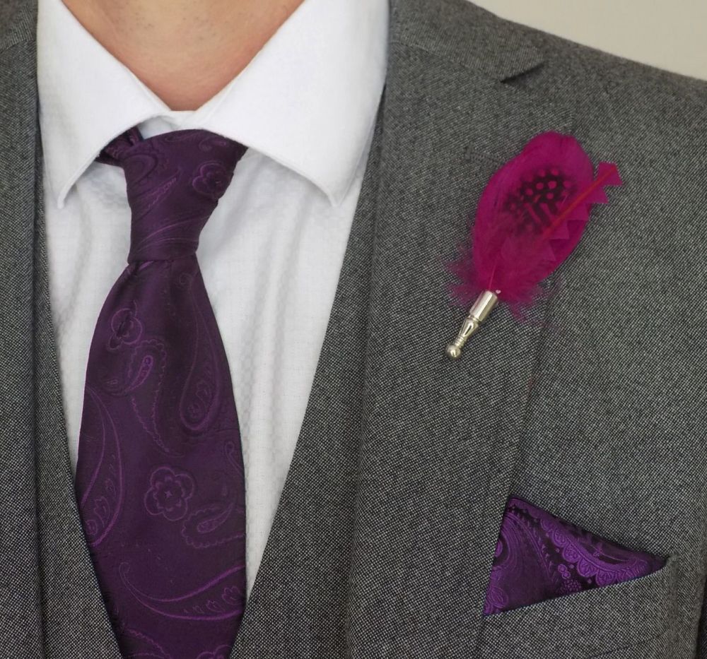 Feather Boutonnière Buttonhole - Very Berry