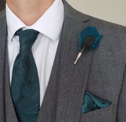 Feather Boutonnière Buttonhole - Peacock Teal