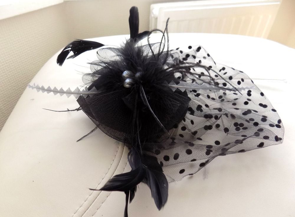 Black and Silver Veil Wedding Fascinator Clip