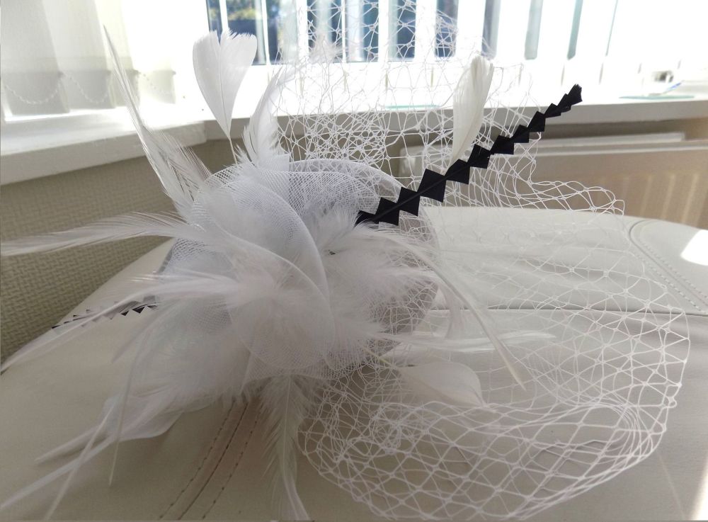 White and Navy Blue Veil Wedding Fascinator Clip