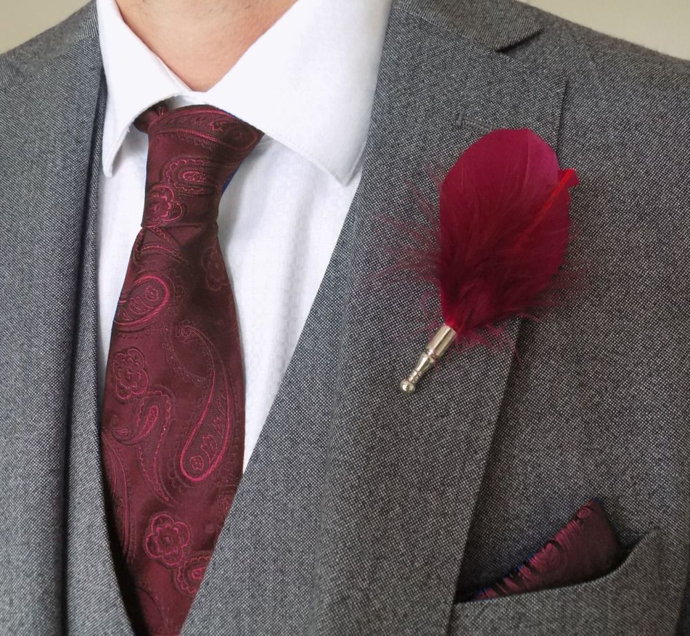 Feather Boutonnière Buttonhole - Red Wine