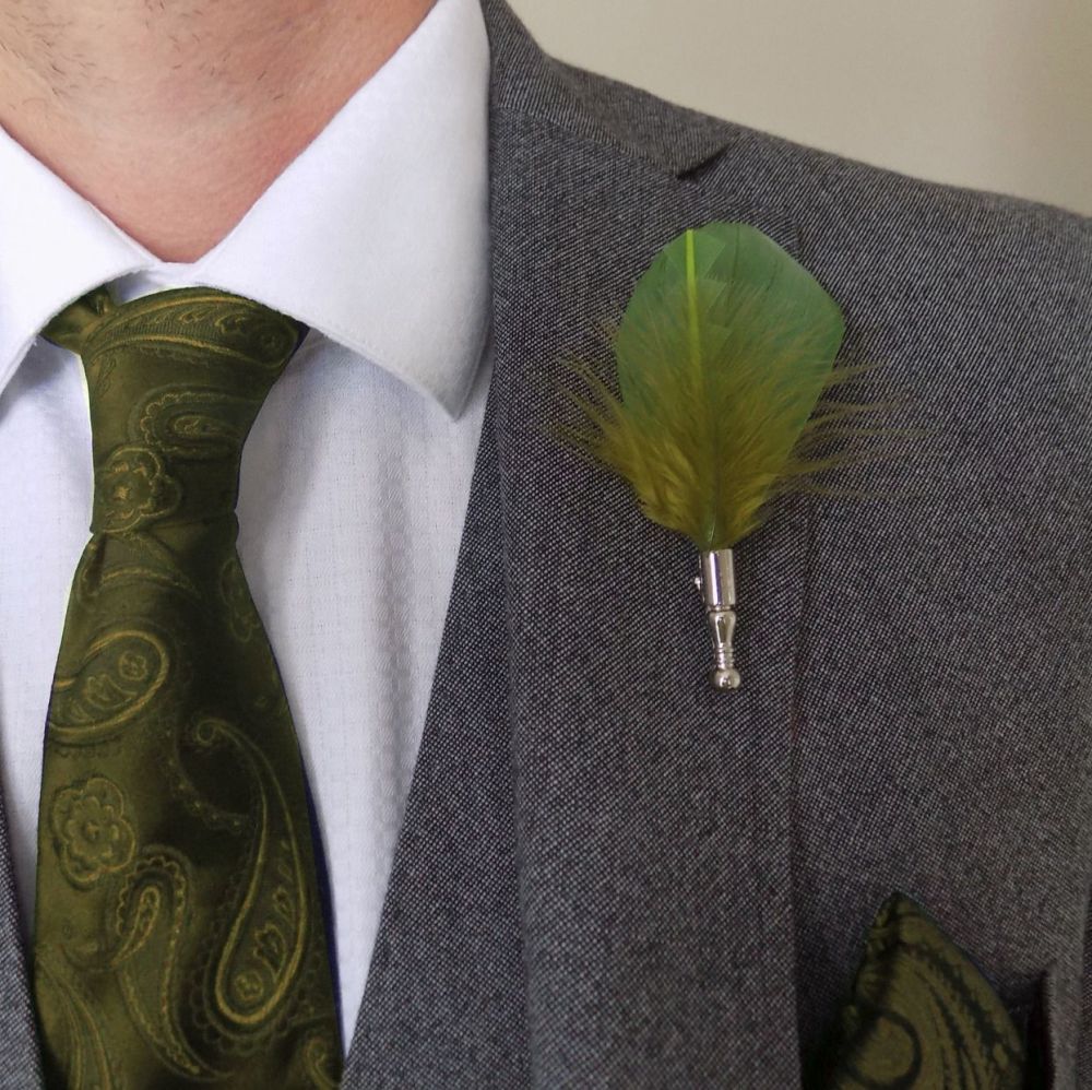 Feather Boutonnière Buttonhole - Olive Moss Green