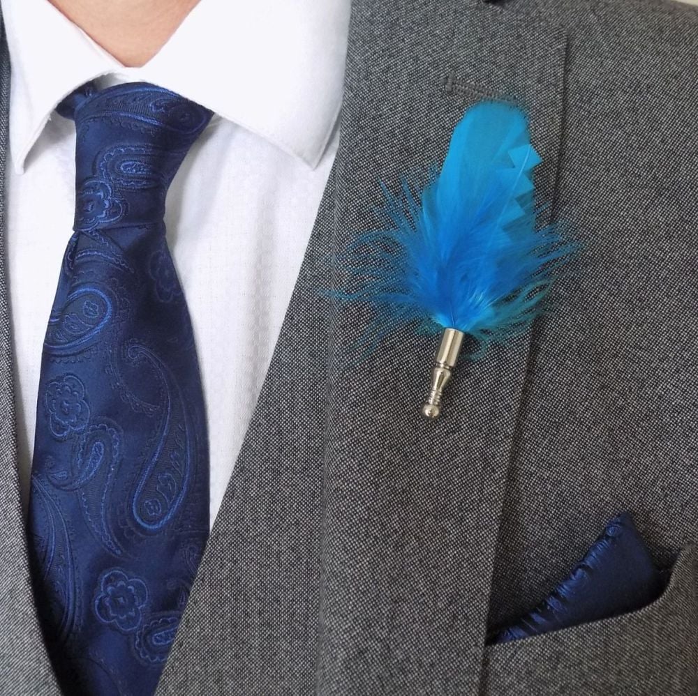 Aqua Blue Feather Buttonhole