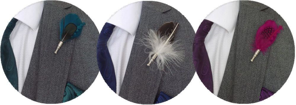 Feather wedding buttonhole teal natural or plum
