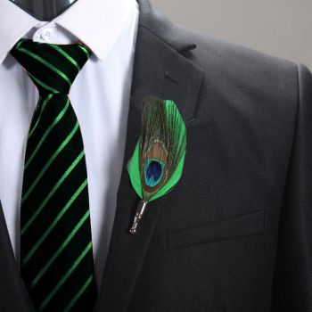 Feather Boutonni&egrave;re Buttonhole - green and peacock feather