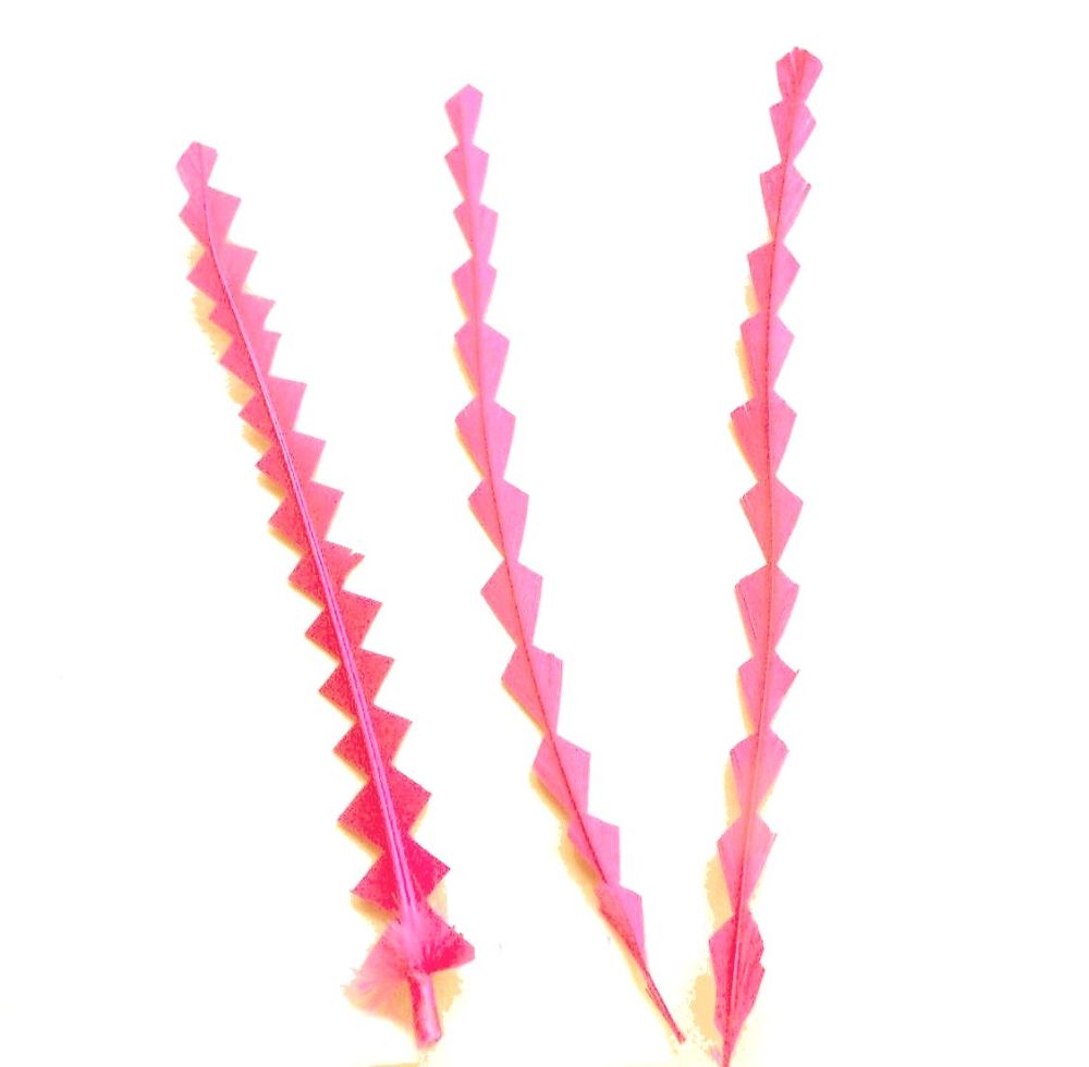Strawberry Pink Stripped Zig Zag Feathers x 3