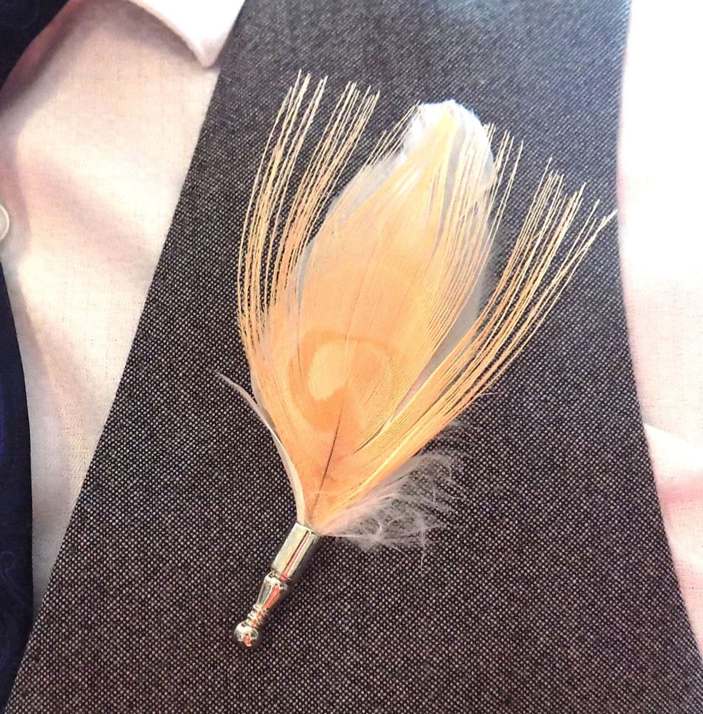 Feather Boutonnière Buttonhole - Peach Peacock and Ivory