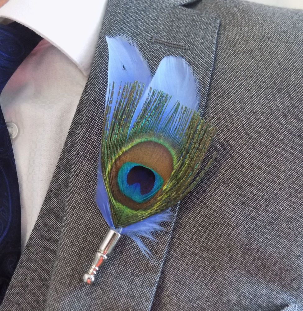 Feather Boutonnière Buttonhole - Peacock and Cornflower Blue Feather