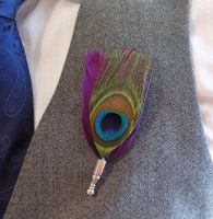 Feather BoutonniÃ¨re Buttonhole - Peacock and Plum Purple Feathers