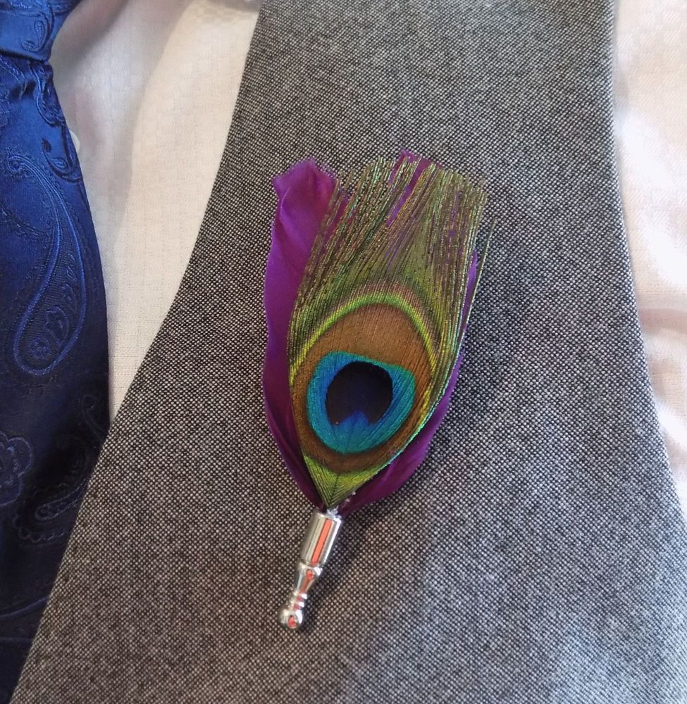 Feather Boutonnière Buttonhole - Peacock and Plum Purple Feathers
