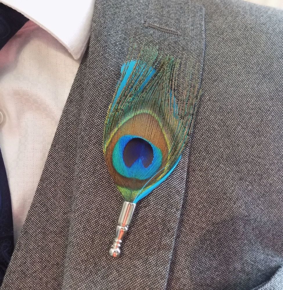Feather Boutonnière Buttonhole - Peacock and Turquoise Feather