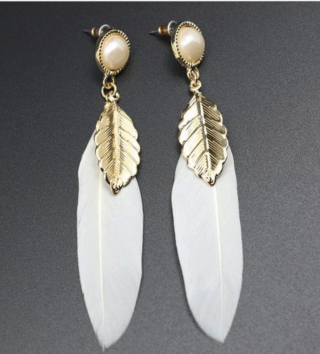 White & Gold Feather Earrings | Floaty Earrings | Feather Planet