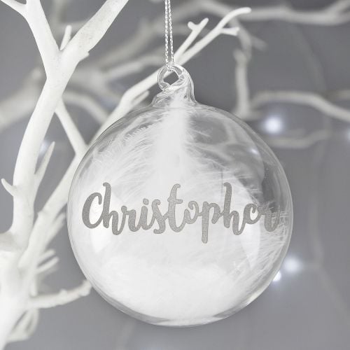 Personalised Silver Glitter Name Only Feather Glass Bauble