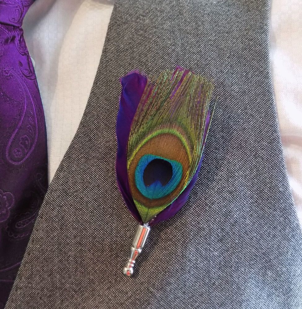 Feather Boutonnière Buttonhole - Peacock and Regal Purple Feathers
