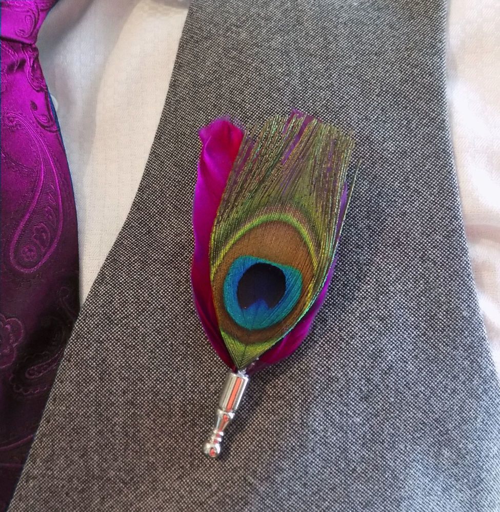 Feather Boutonnière Buttonhole - Peacock and Dark Pink Feathers