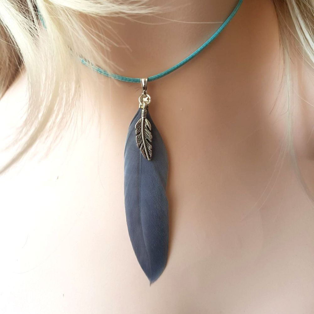 Feather Necklace in Grey and Pale Blue