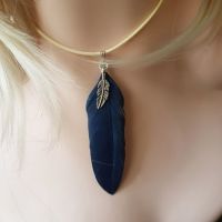Feather Necklace, Ivory and Navy Blue