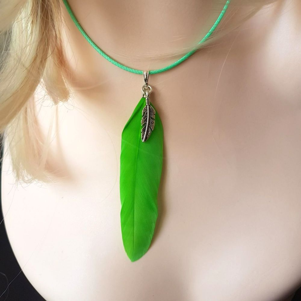 Feather Necklace, Bright Green