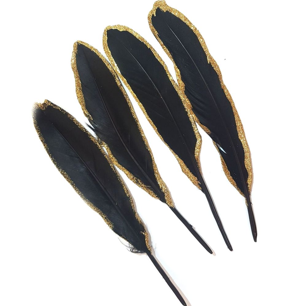 Black and Gold Glitter Goose Quill Feathers x 1