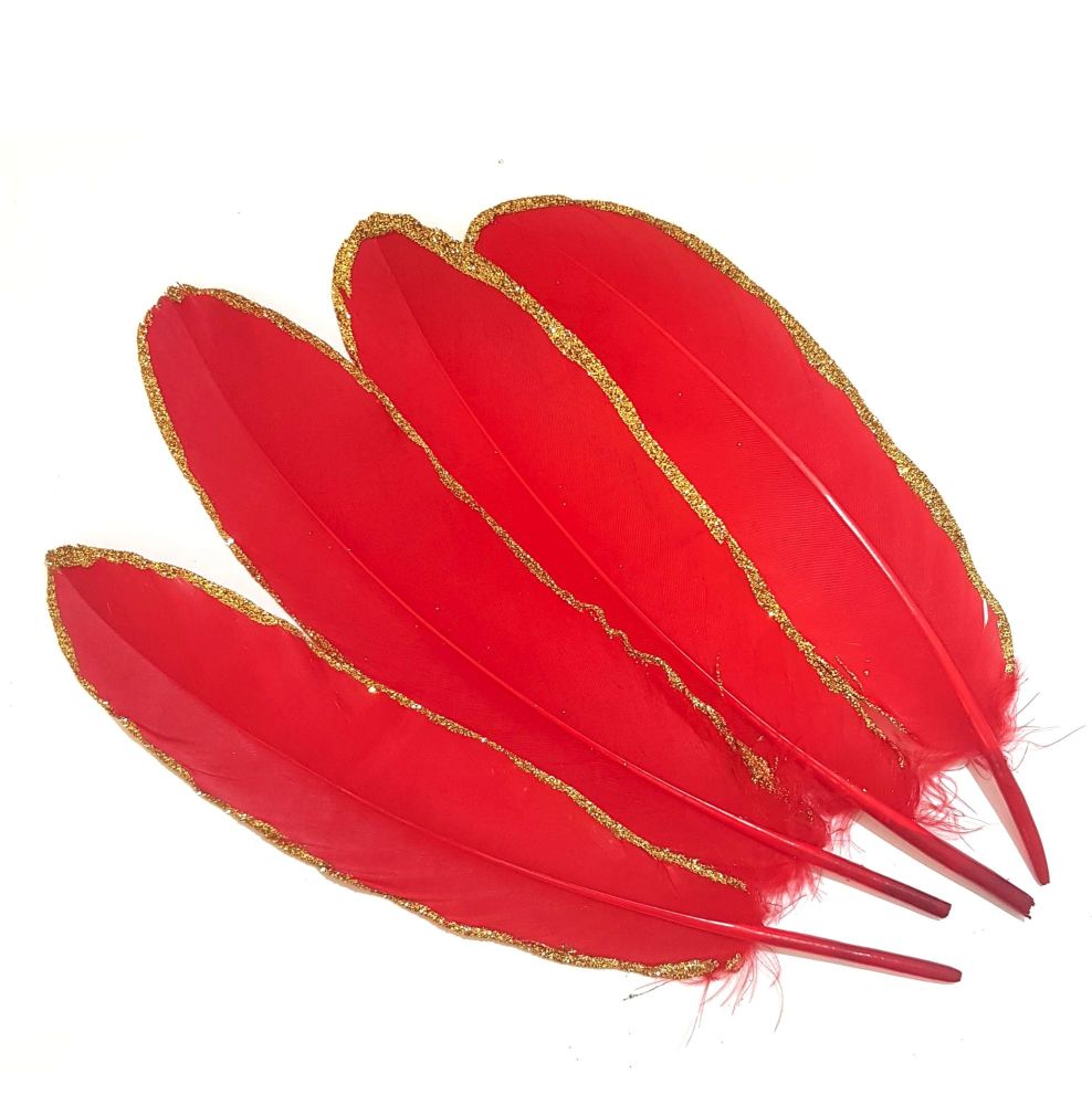 Red and Gold Goose Quill Feathers x 4
