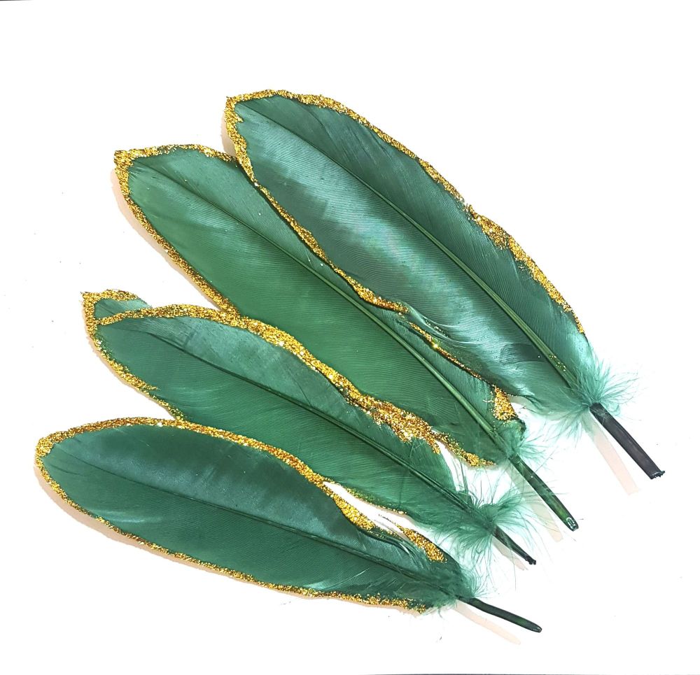 Green and Gold Goose Quill Feathers x 4