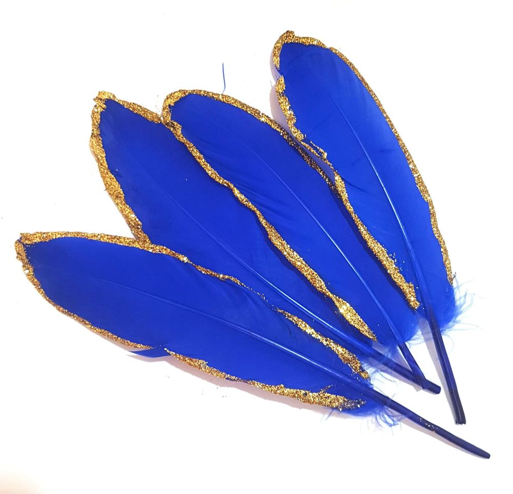Royal Blue and Gold Goose Quill Feathers x 4