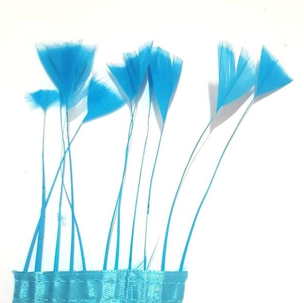 Deep Turquoise Stripped Turkey Feathers, Strung x 10