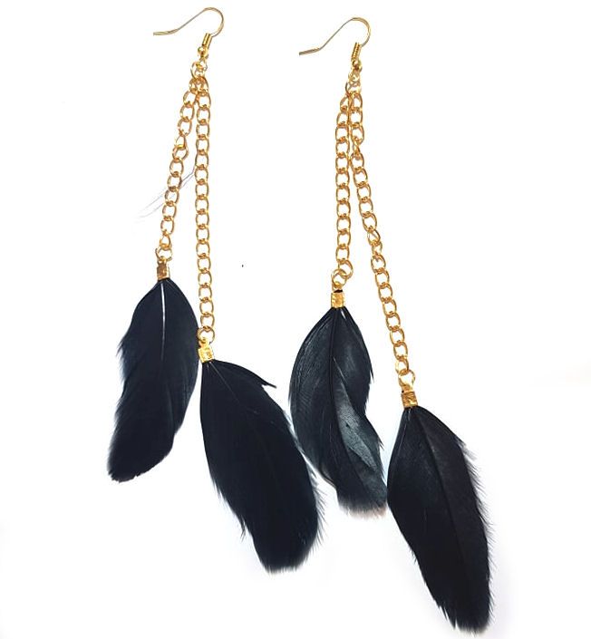 Black Feather Earrings - 2 Feathers with Gold Earring