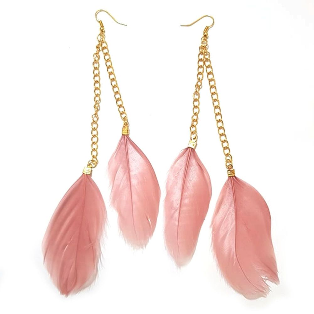 Rose Pink Feather Earrings - 2 Feathers with Gold Earring