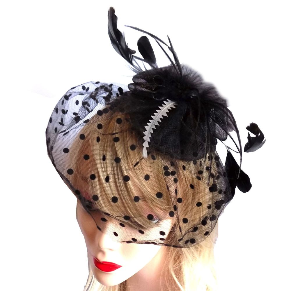 Black and Silver Veil Wedding Fascinator Clip