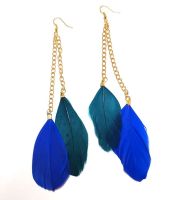 Royal Blue and Teal Feather Earrings - 2 Feathers per Gold Earring