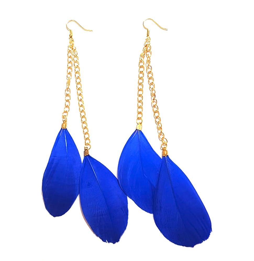Royal Blue Feather Earrings - 2 Feathers per Gold Earring