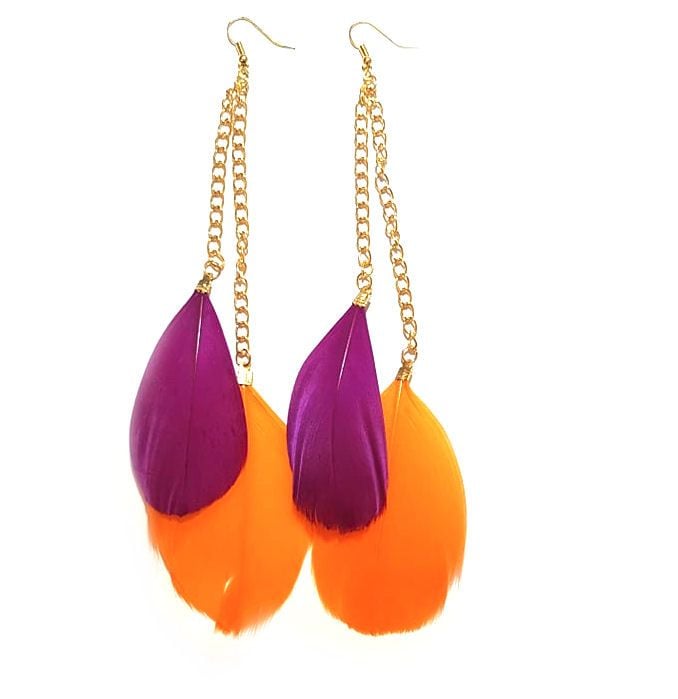 Dark Pink and Mango Orange Feather Earrings - 2 Feathers per Gold Earring