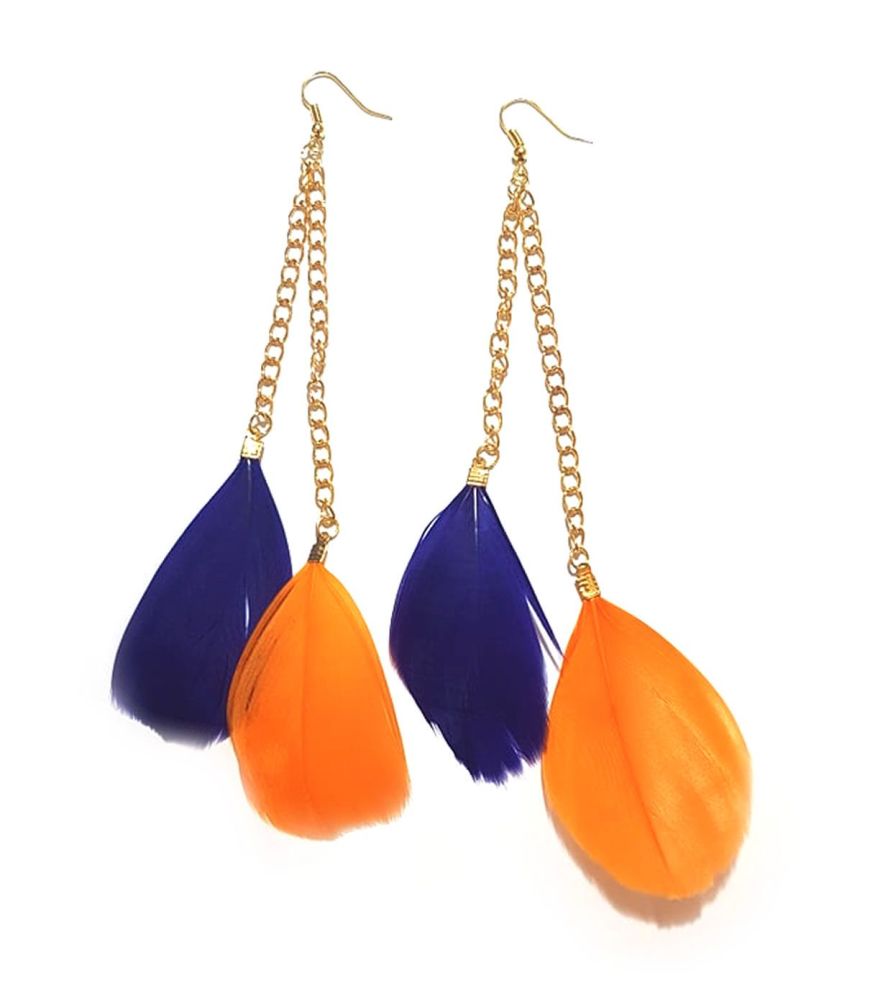 Purple and Mango Orange Feather Earrings - 2 Feathers per Gold Earring