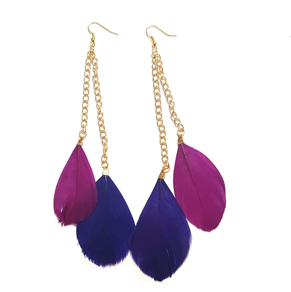 Dark Pink and Purple Feather Earrings - 2 Feathers per Gold Earring