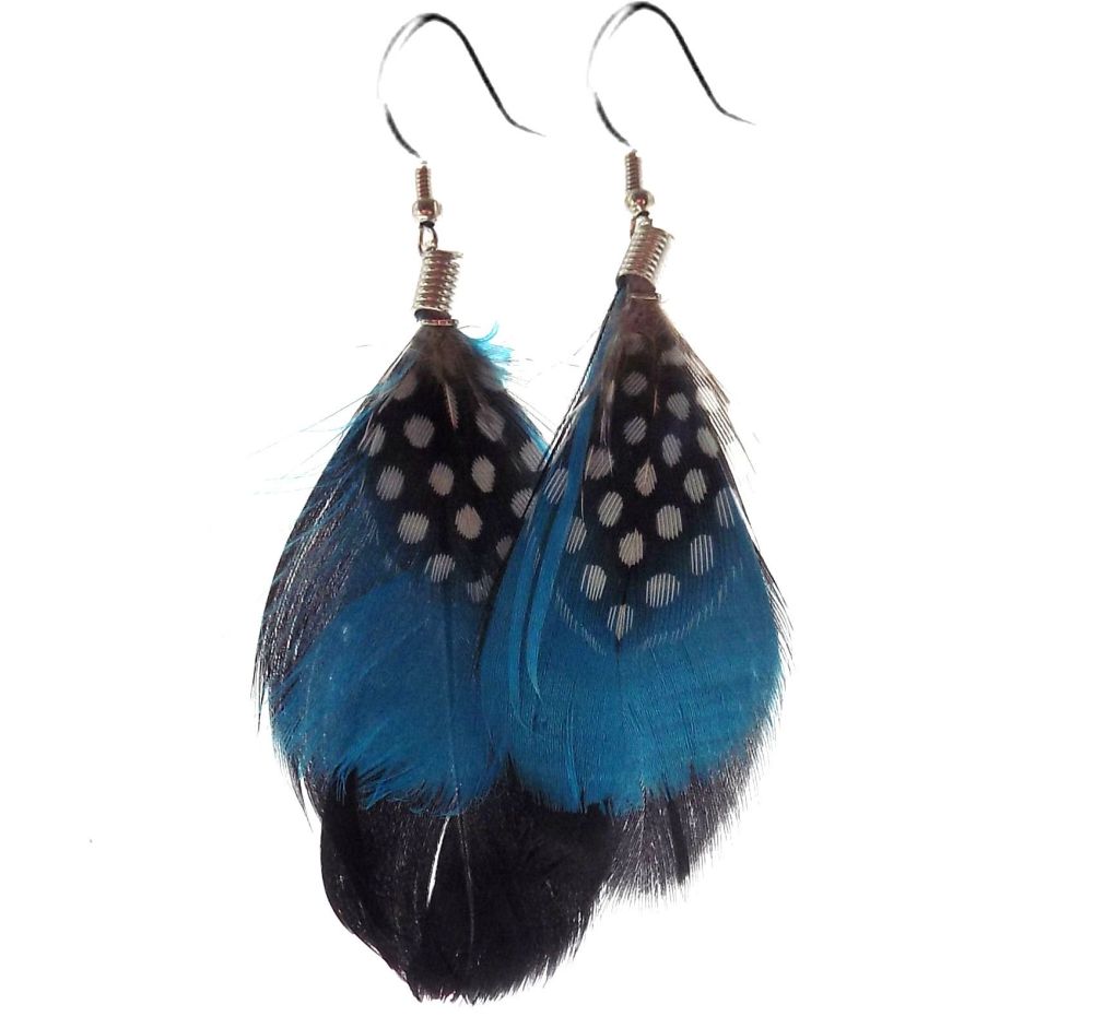 Deep Turquoise and Black Feather Earrings 