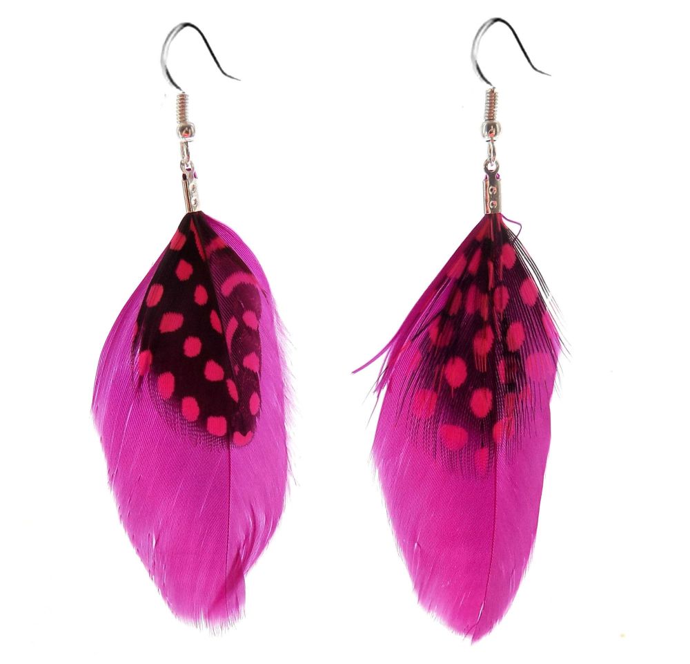Dark Pink Feather Earrings with Guinea Feathers