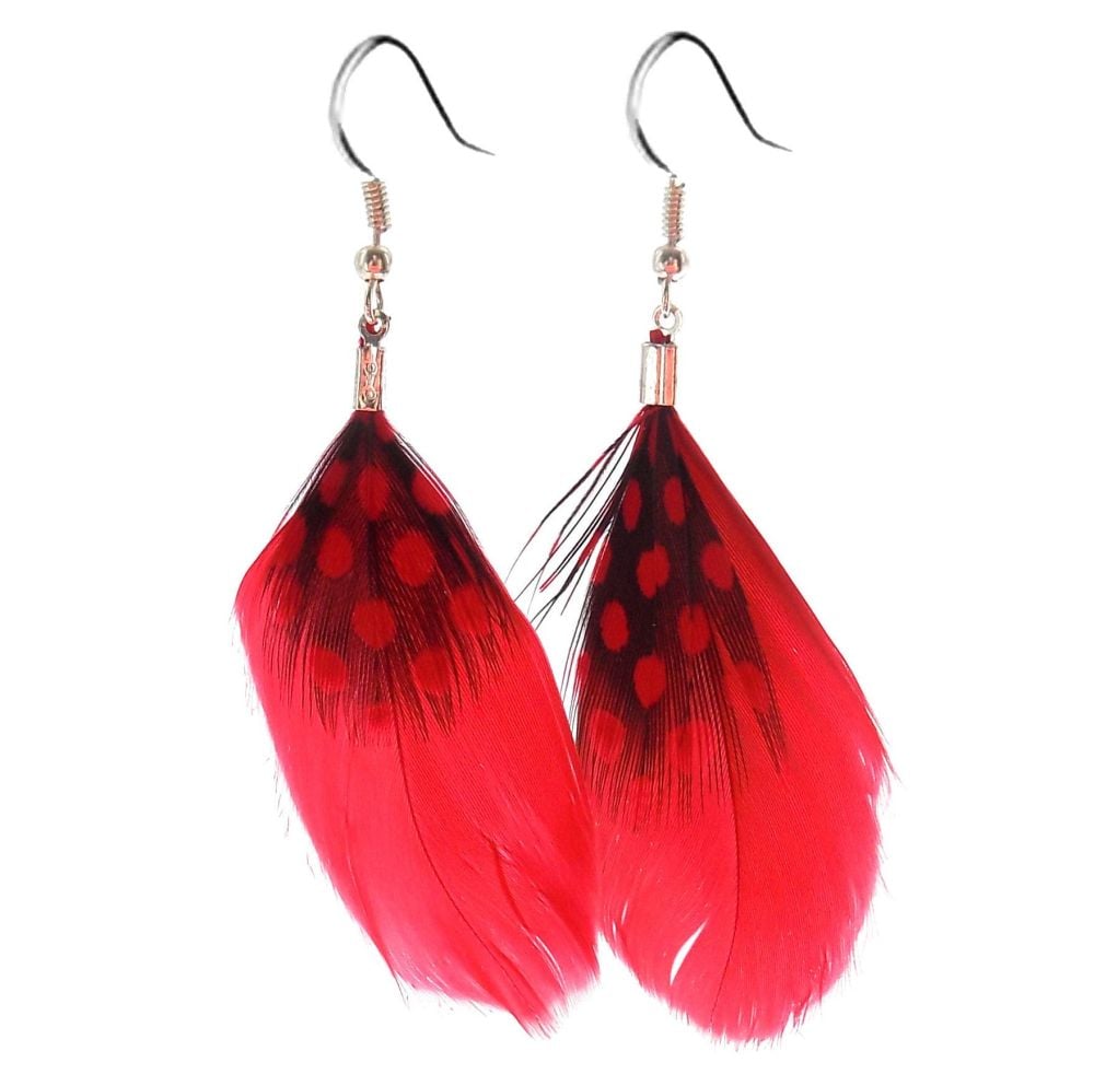 Red Goose and Guinea Feather Earrings