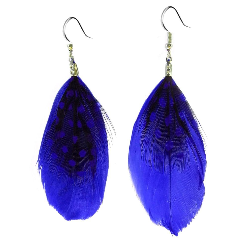 Royal Blue Feather Earrings with Guinea Feathers