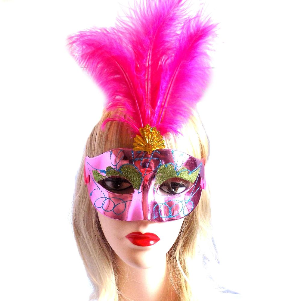 Pink Masquerade Party Feather Costume Mask 