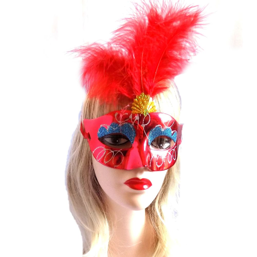 Red Masquerade Party Feather Costume Mask 