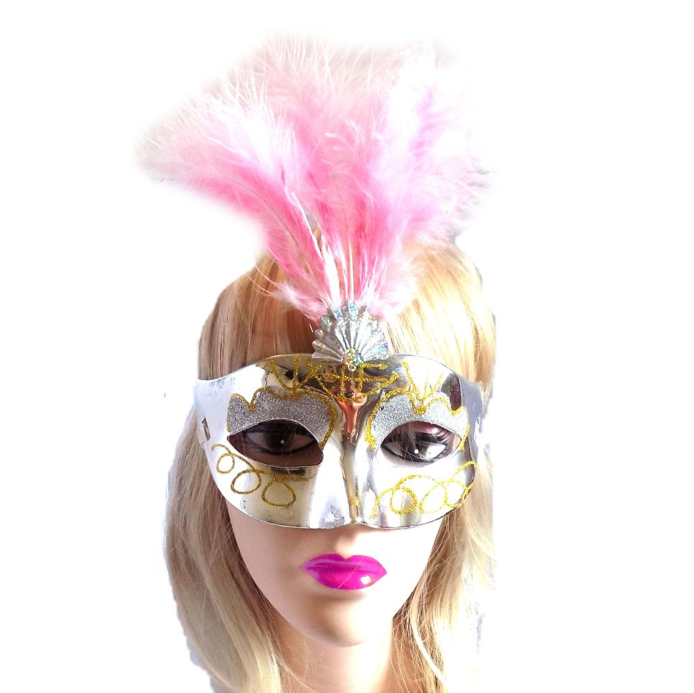 Silver and Pink Masquerade Party Feather Costume Mask 