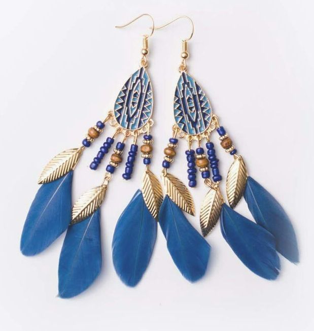 Blue and Gold Feather Earrings with Beaded Tribal Detail